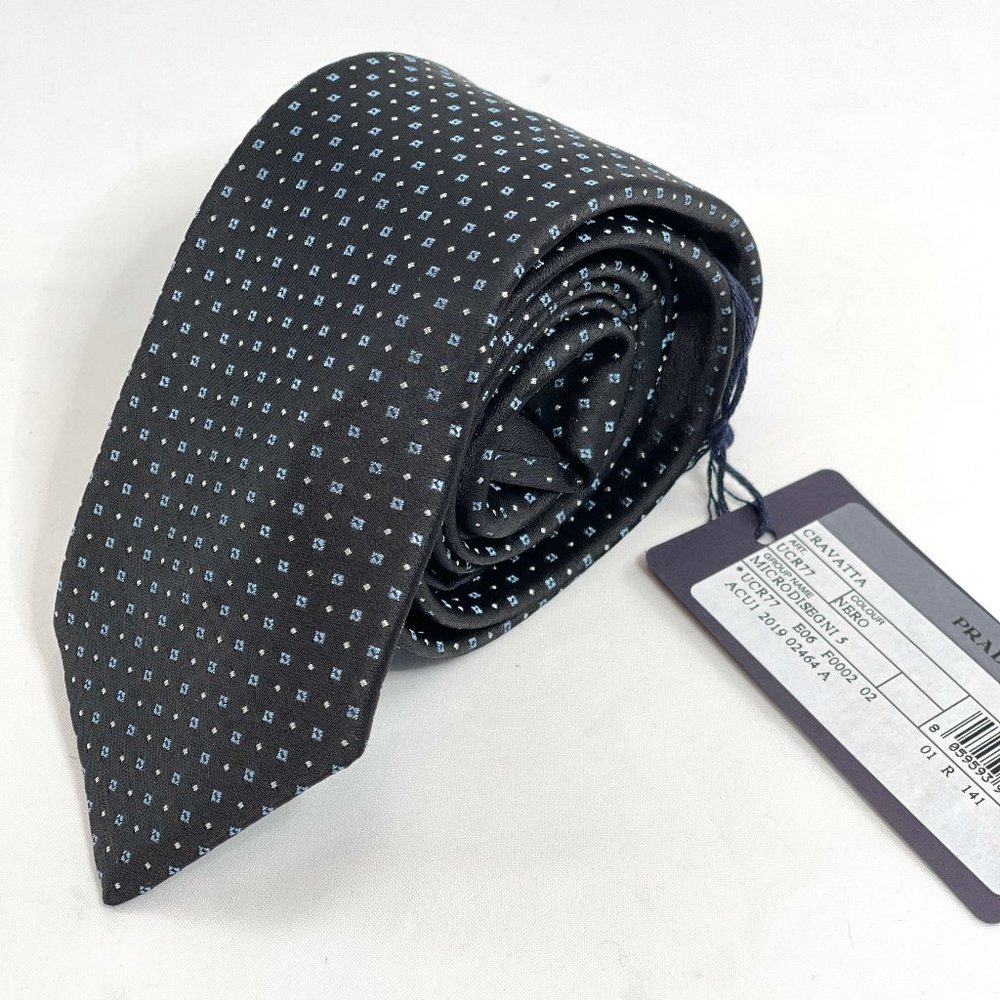 Prada Cravatta Men’s Tie, Black with blue Microdesign, Silk blend, NWT